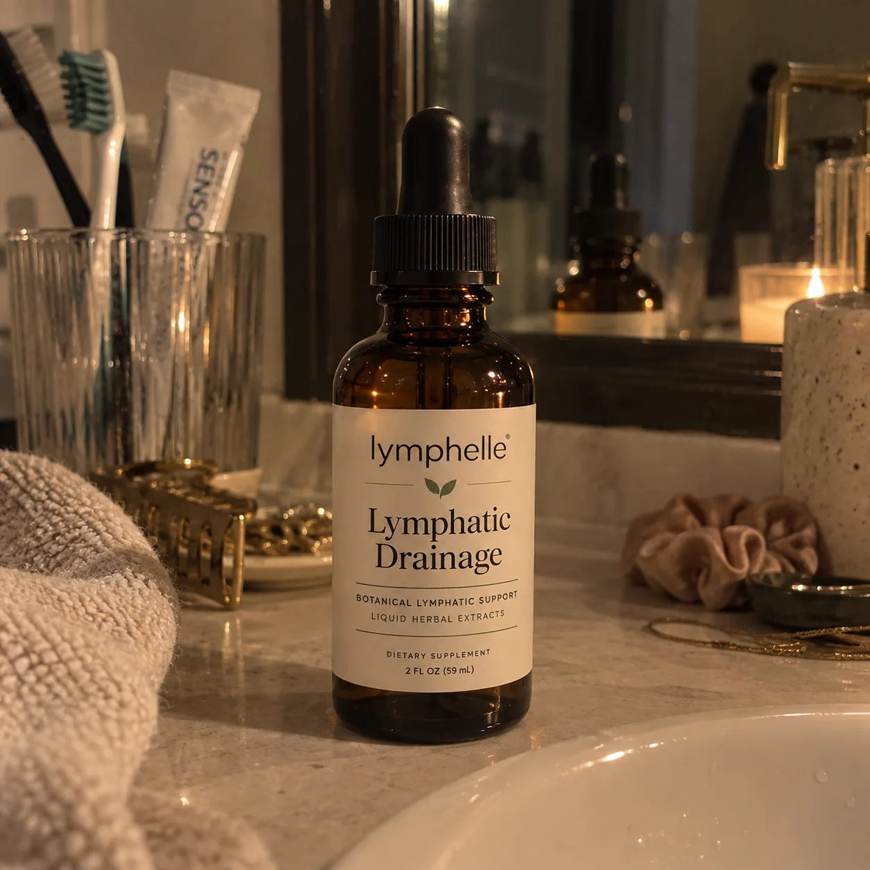 Lymphelle bottle on a bathroom counter