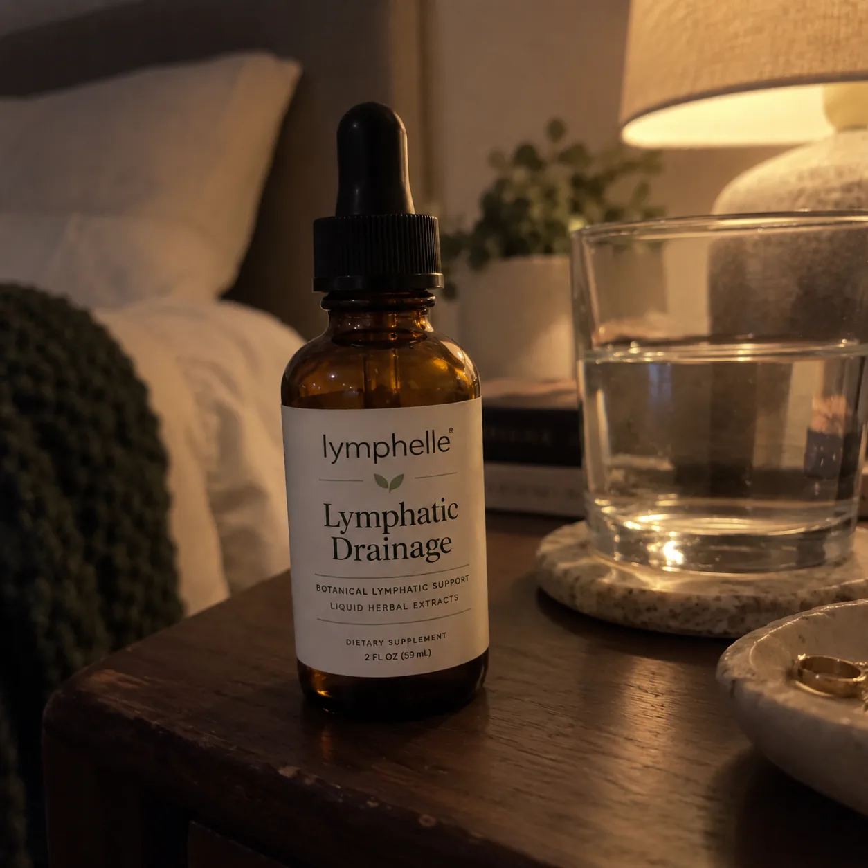 Lymphelle bottle on a bedside table with a glass of water